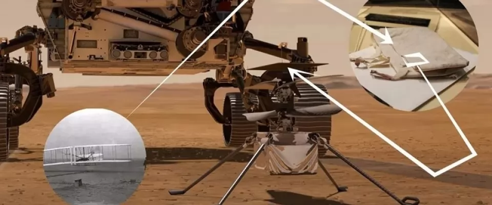 Ingenuity, il drone che è su Marte trasporta un pezzo di tessuto dell'aereo dei fratelli Wright.