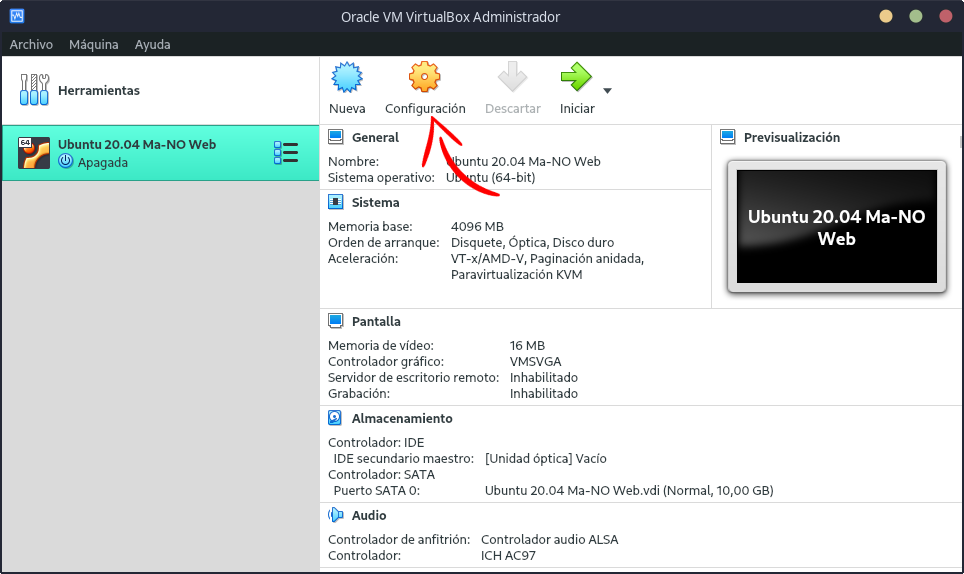 Configuración Virtualbox