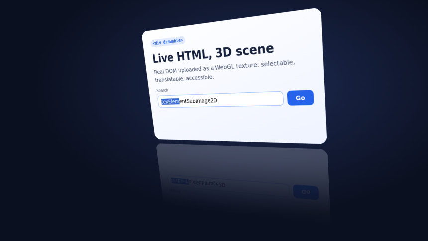 Un vero modulo HTML trasformato in texture WebGL, in prospettiva e con riflesso